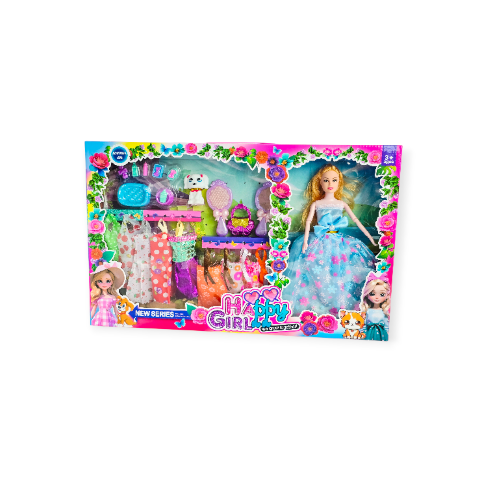 Lėlė su suknelėmis ir augintiniu