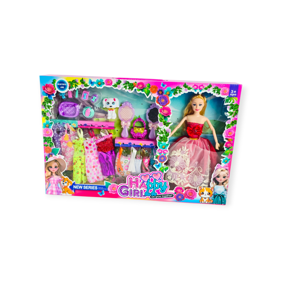 Lėlė su suknelėmis ir augintiniu